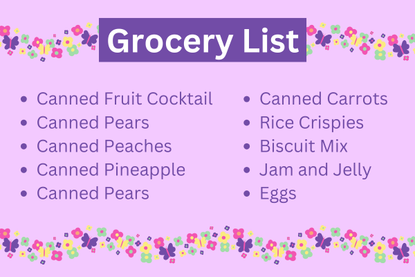 Urgent Needs – Grocery A digital image with the text "Grocery List" in a purple box at the top. Below the title are two columns listing grocery items including canned fruit, carrots, rice crispies, biscuit mix, jam, jelly, and eggs. The background is light purple with a border of colorful butterflies and flowers.