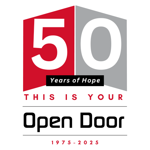 The 50 year anniversary logo for Midland's Open Door